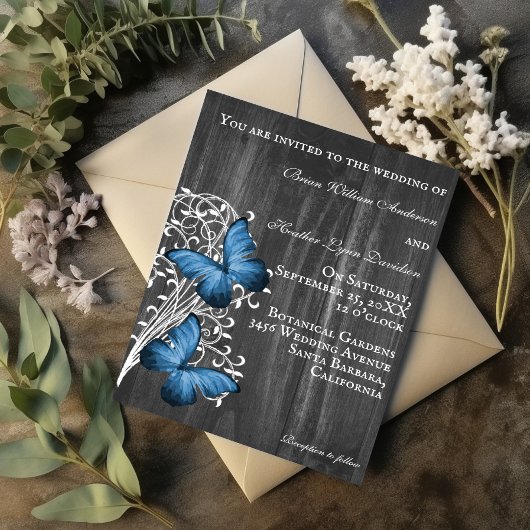 Faire-part de mariage papillon bleu rustique