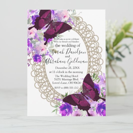 Faire-part de mariage papillon en dentelle (Debout devant)