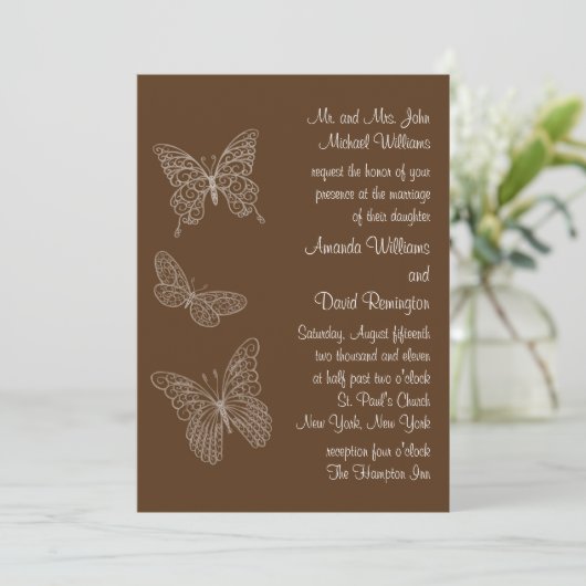 Faire-part de mariage papillon Filigree en Brown (Debout devant)