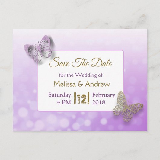 Faire-part de mariage papillon lavande et or (Devant)