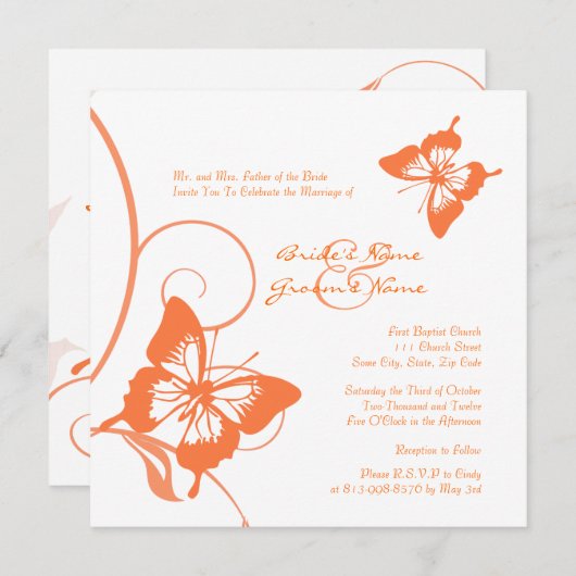 Faire-part de mariage papillon orange et blanc (Devant / Derrière)