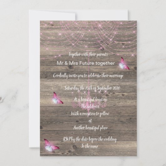 Faire-part de mariage papillon rose vintage rustiq (Devant)