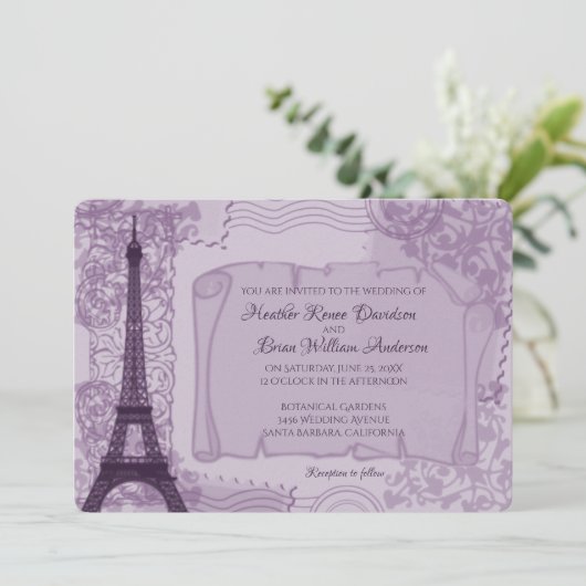 Faire-part de mariage parisienne violet (Debout devant)