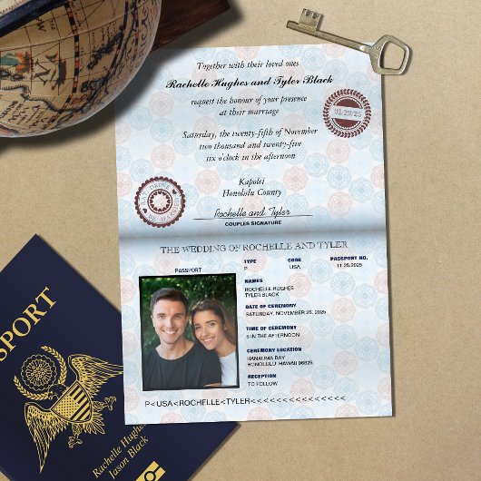 Faire-part de mariage passeport avec véritable emb