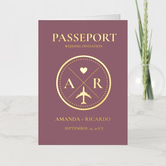Faire-part de mariage Passport Gold Et Dark Mauve (Recto)