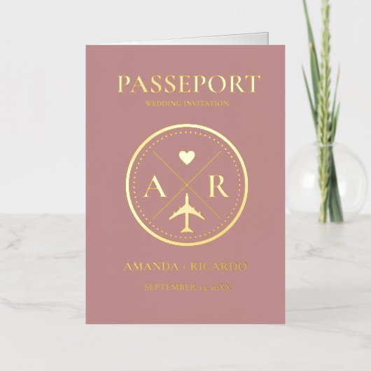 Faire-part de mariage Passport Gold Et Dark Mauve (Recto)