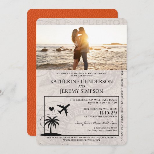 Faire-part de mariage Passport Porto Rico Orange (Devant / Derrière)