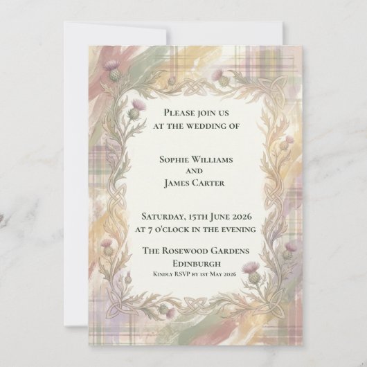 Faire-part de mariage Pastel Tartan Celtic Thistle (Devant)