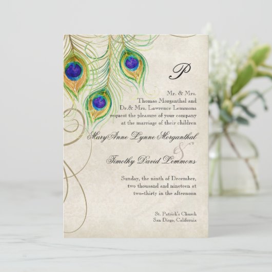Faire-part de mariage Peacock Feathers (Debout devant)