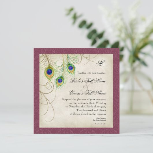 Faire-part de mariage Peacock Feathers (Debout devant)