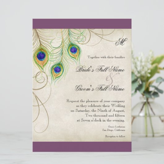 Faire-part de mariage Peacock Feathers (Debout devant)