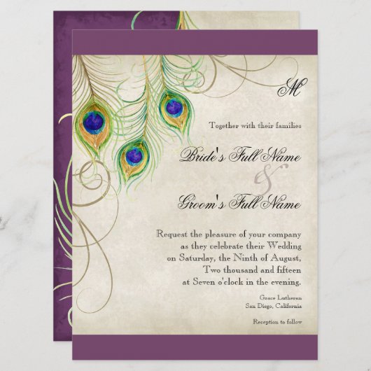 Faire-part de mariage Peacock Feathers (Devant / Derrière)