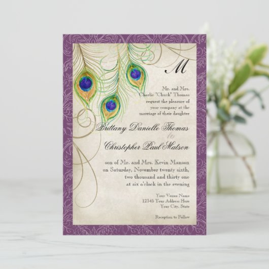 Faire-part de mariage Peacock Feathers (Debout devant)