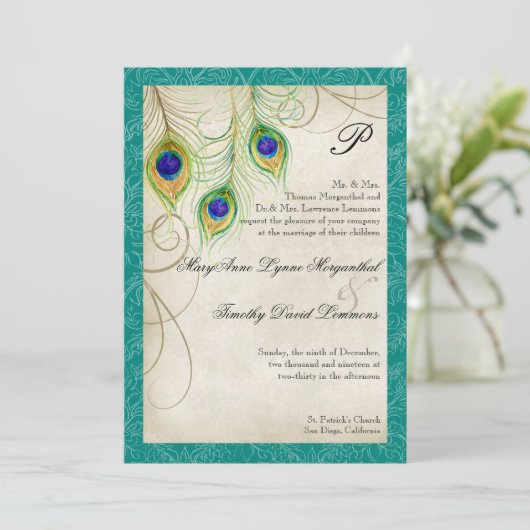 Faire-part de mariage Peacock Feathers (Debout devant)