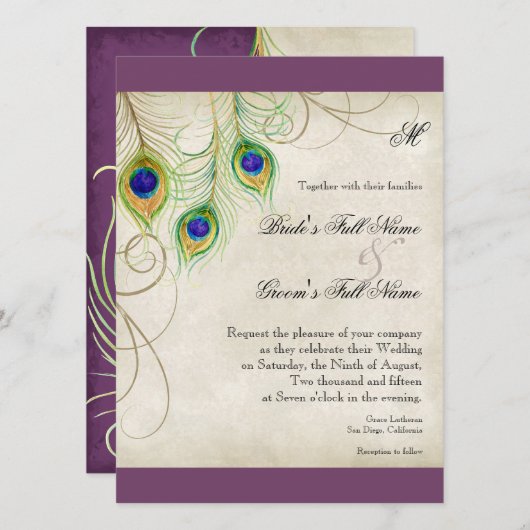 Faire-part de mariage Peacock Feathers (Devant / Derrière)