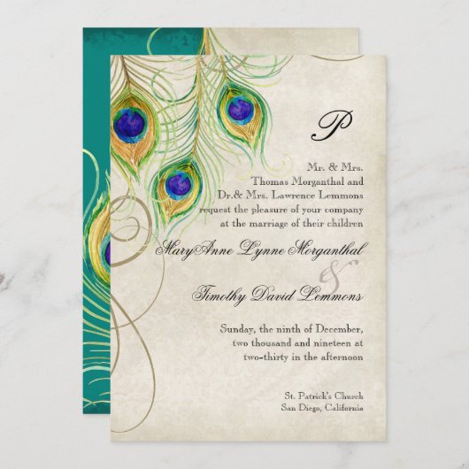 Faire-part de mariage Peacock Feathers (Devant / Derrière)