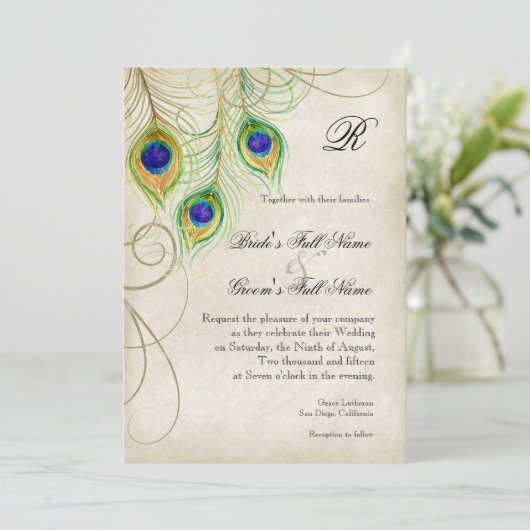 Faire-part de mariage Peacock Feathers (Debout devant)