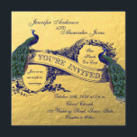Faire-part de mariage Peacock Gold Foil<br><div class="desc">Gold Foil Peacock Faire-part de mariage. par Elke Clarke© pour BlissfulWedding à Zazzle. Ces magnifiques invitations de mariage sont parfaites pour un mariage romantique ou un mariage paon. Ce design unique avec Two Beautiful Peacocks sur la bannière Vintage et texte dans une police bleu foncé sur un arrière - plan...</div>