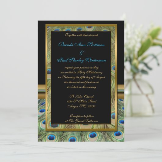 Faire-part de mariage Peacock noir et or (Debout devant)