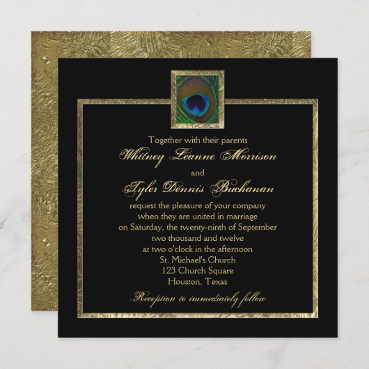 Faire-part de mariage Peacock noir et or (Devant / Derrière)