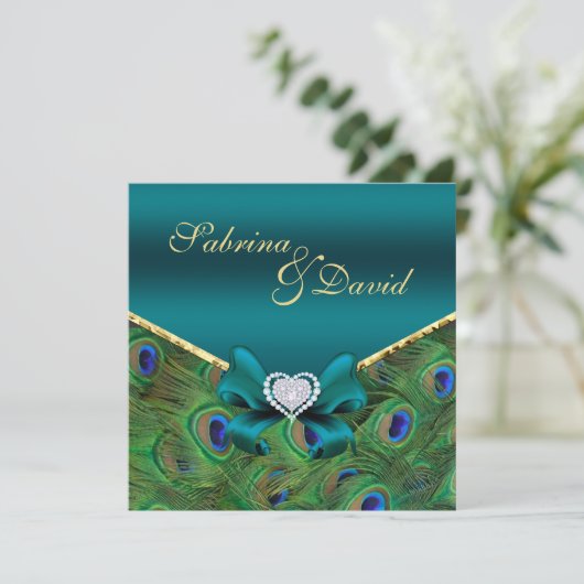 Faire-part de mariage Peacock turquoise (Debout devant)