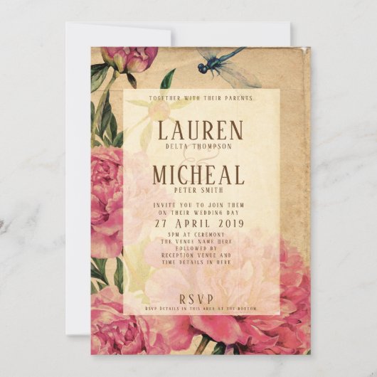Faire-part de mariage Peony et Dragonfly de style  (Devant)