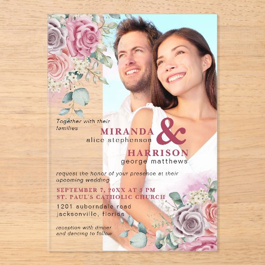 Faire-part de mariage photo acrylique Roses aquare (Recto)
