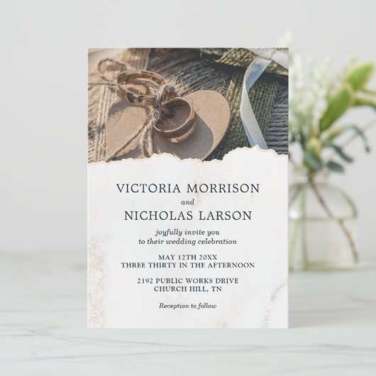 Faire-part de mariage photo Anneaux Rustiques mode (Debout devant)