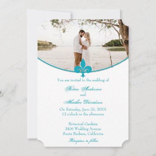 Faire-part de mariage photo Aqua Fleur de Lis (Devant)