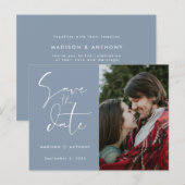 Faire-part de mariage photo avec calligraphie bleu (Devant / Derrière)