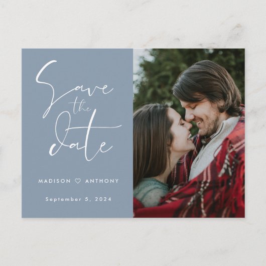 Faire-part de mariage photo avec calligraphie bleu (Devant)