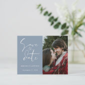 Faire-part de mariage photo avec calligraphie bleu (Debout devant)