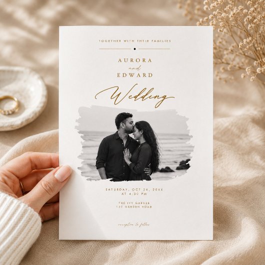 Faire-part de mariage photo avec écriture dorée él