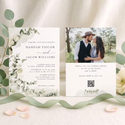 Faire-part de mariage photo avec feuillage d'eucal