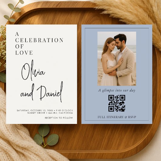 Faire-part de mariage photo avec QR Code Dusty Blu