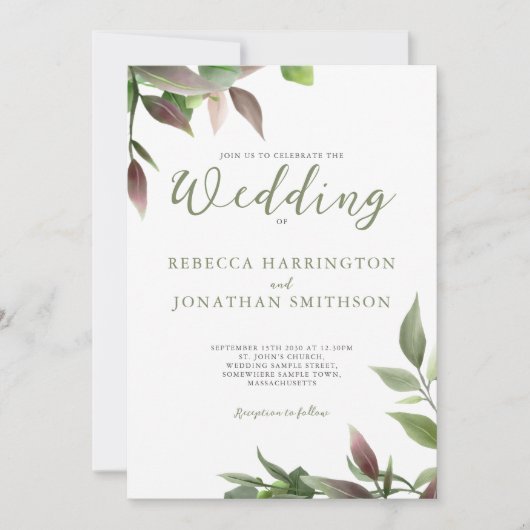 Faire-part de mariage photo Botanique Vert Bourgog (Devant)