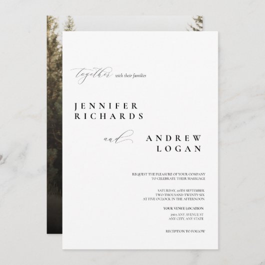 Faire-part de mariage photo de script simple (Devant / Derrière)