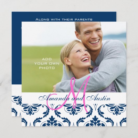 Faire-part de mariage photo du monogramme Dark Blu (Devant / Derrière)