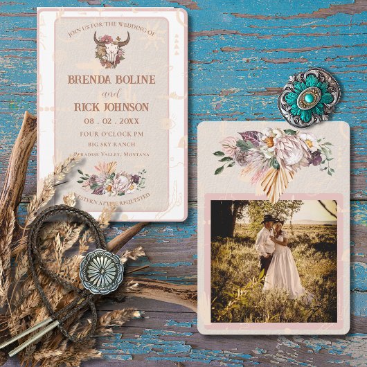 Faire-part de mariage photo en cuir blanc Boho Ran