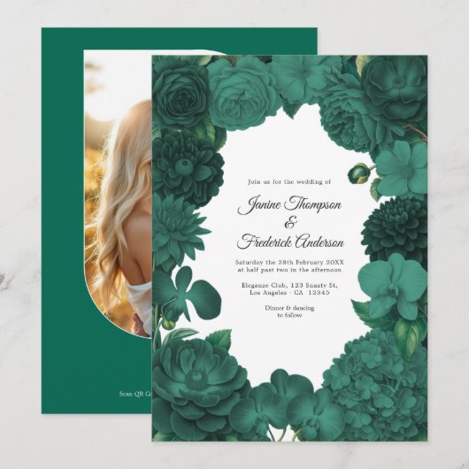 Faire-Part de Mariage Photo et Code QR Floral Vert (Devant / Derrière)