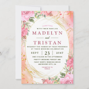 Faire-part de mariage photo floral rose et or élég