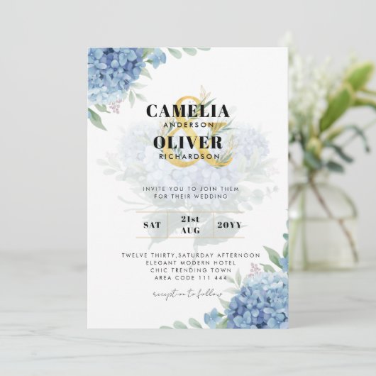 Faire-part de mariage photo moderne Blue Hydrangea (Debout devant)