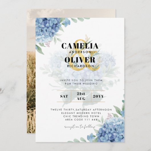 Faire-part de mariage photo moderne Blue Hydrangea (Devant / Derrière)