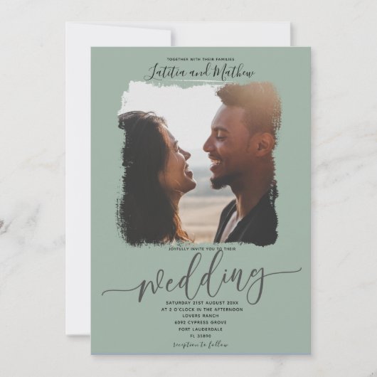 Faire-part de mariage photo moderne Sage vert (Devant)