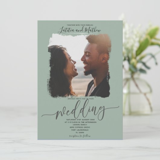 Faire-part de mariage photo moderne Sage vert (Debout devant)