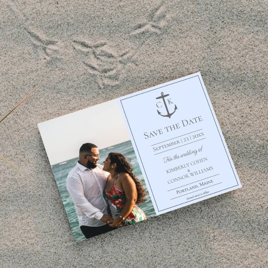 Faire-part de mariage photo monogramme nautique bl