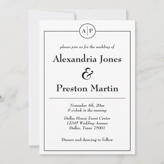 Faire-part de mariage photo Monogramme noir et bla (Devant)