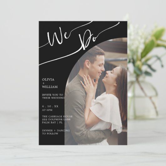 Faire-part de mariage photo noir QR Code moderne (Debout devant)