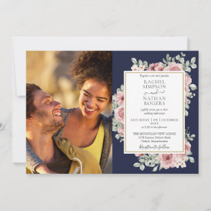 Faire-Part de Mariage Photo Or Bleu Marine Floral