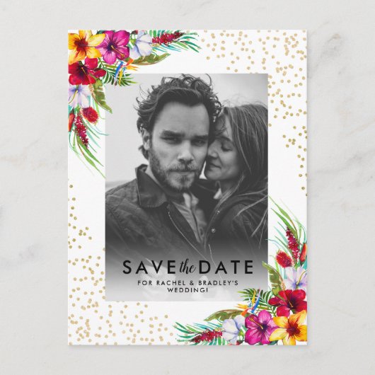 Faire-Part de Mariage Photo Or Fleur Tropicale (Devant)